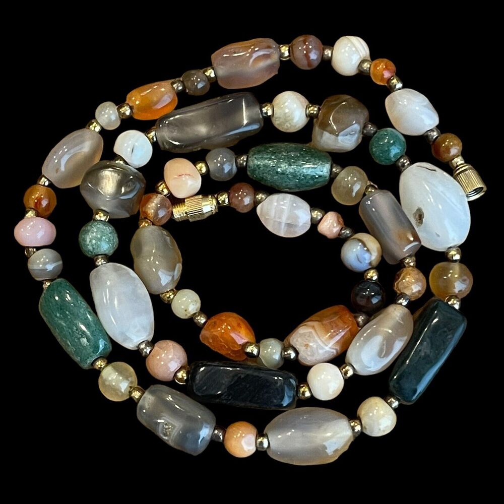 Vintage 1960s Agate Quartz Jasper Beggars Bead Necklace 26” Boho Artisan Jewelry